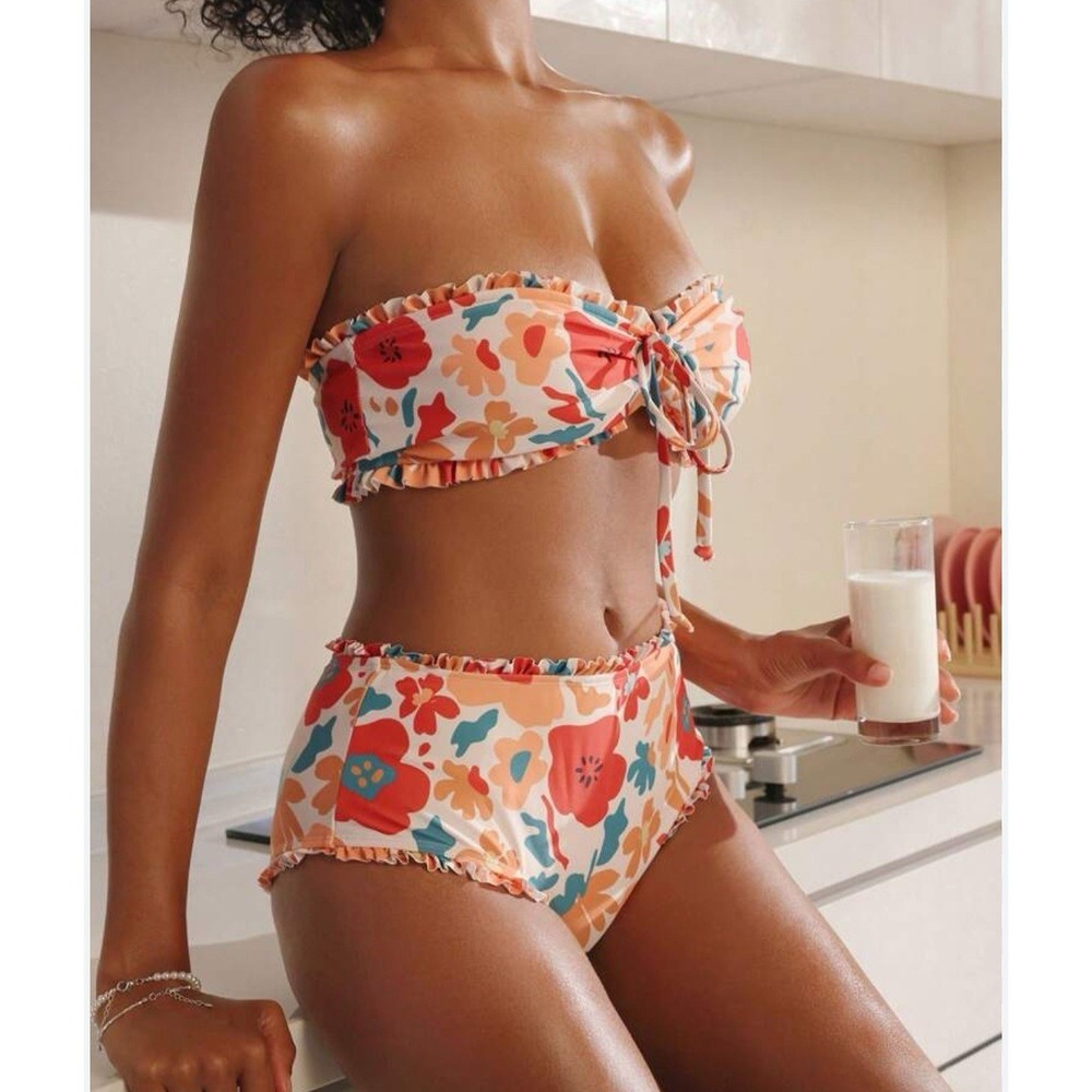 SHEIN Swimsuit‎ Flower Print Knotted Front Bandeau Bikini Set, High Waist Sz  S